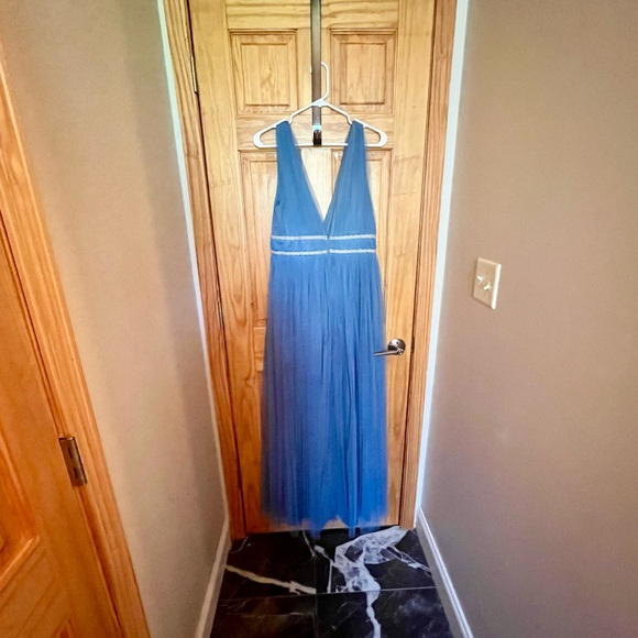 V Neck and Back Slate Blue Beaded Tulle Dress - Picture 3 of 5